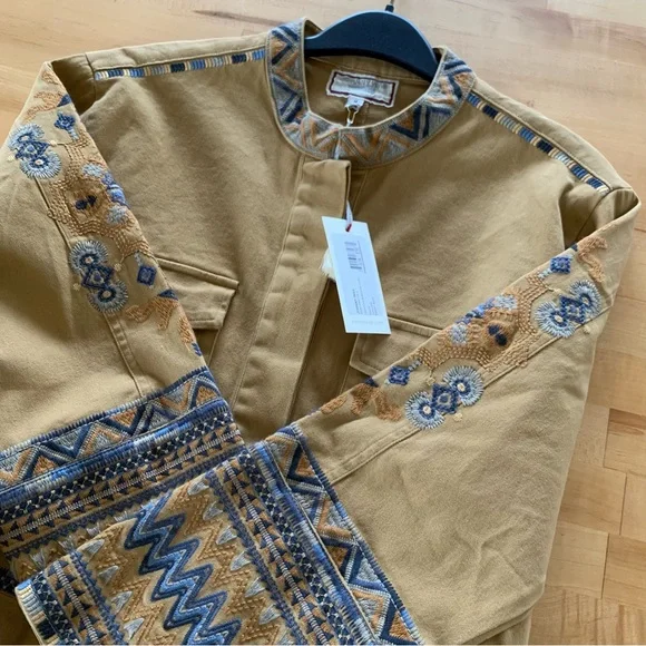 Johnny Was Workshop Jacket Amika Peplum Military Embroidered Boho Khaki Size M